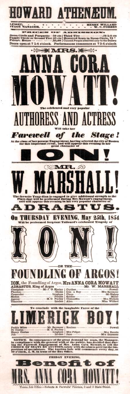 Playbill for Anna Cora Mowatt's appearance in "Ion" 1854