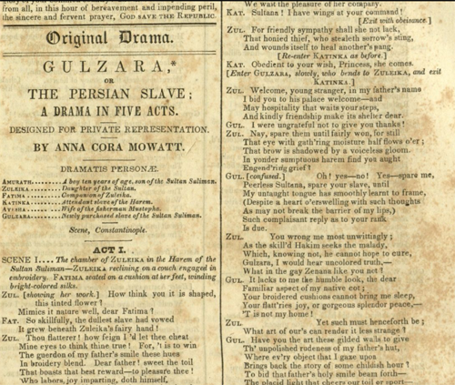 Anna Cora Mowatt's play "Gulzara" published in "New World" journal, April 24, 1841