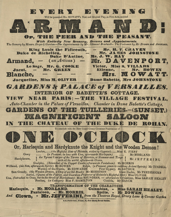 Playbill for premier of "Armand" at Marylebone Theatre, 1849