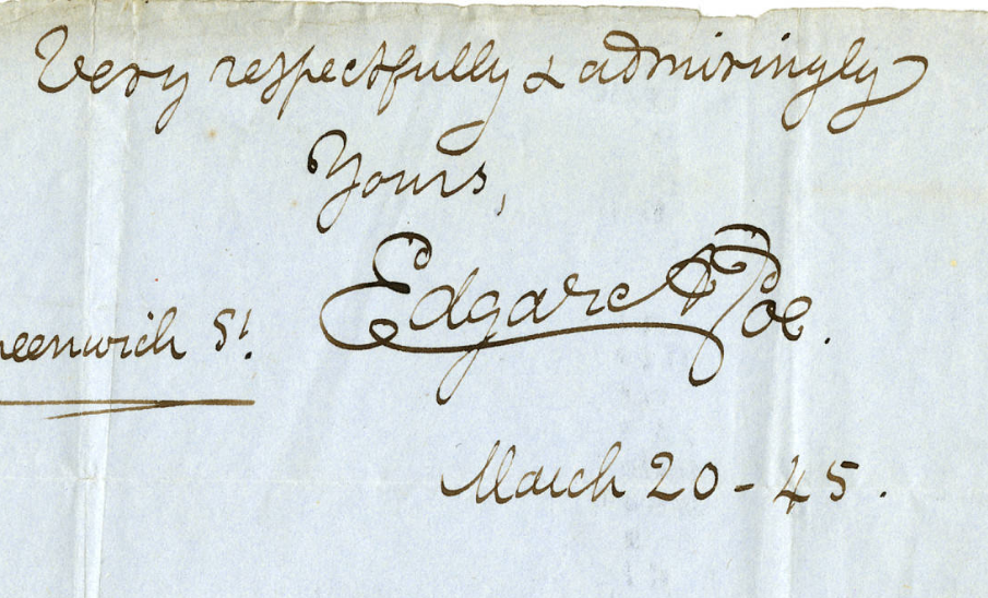 Signature on letter to Mowatt from Poe 1845